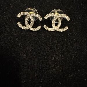 CHANEL Gold and Silver Crystal Logo Earrings